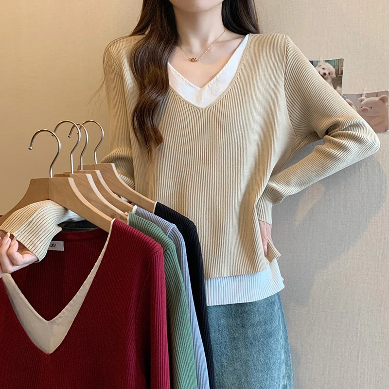 2024秋装新款大码女胖mm百搭设计感假两件长袖针织上衣毛衣