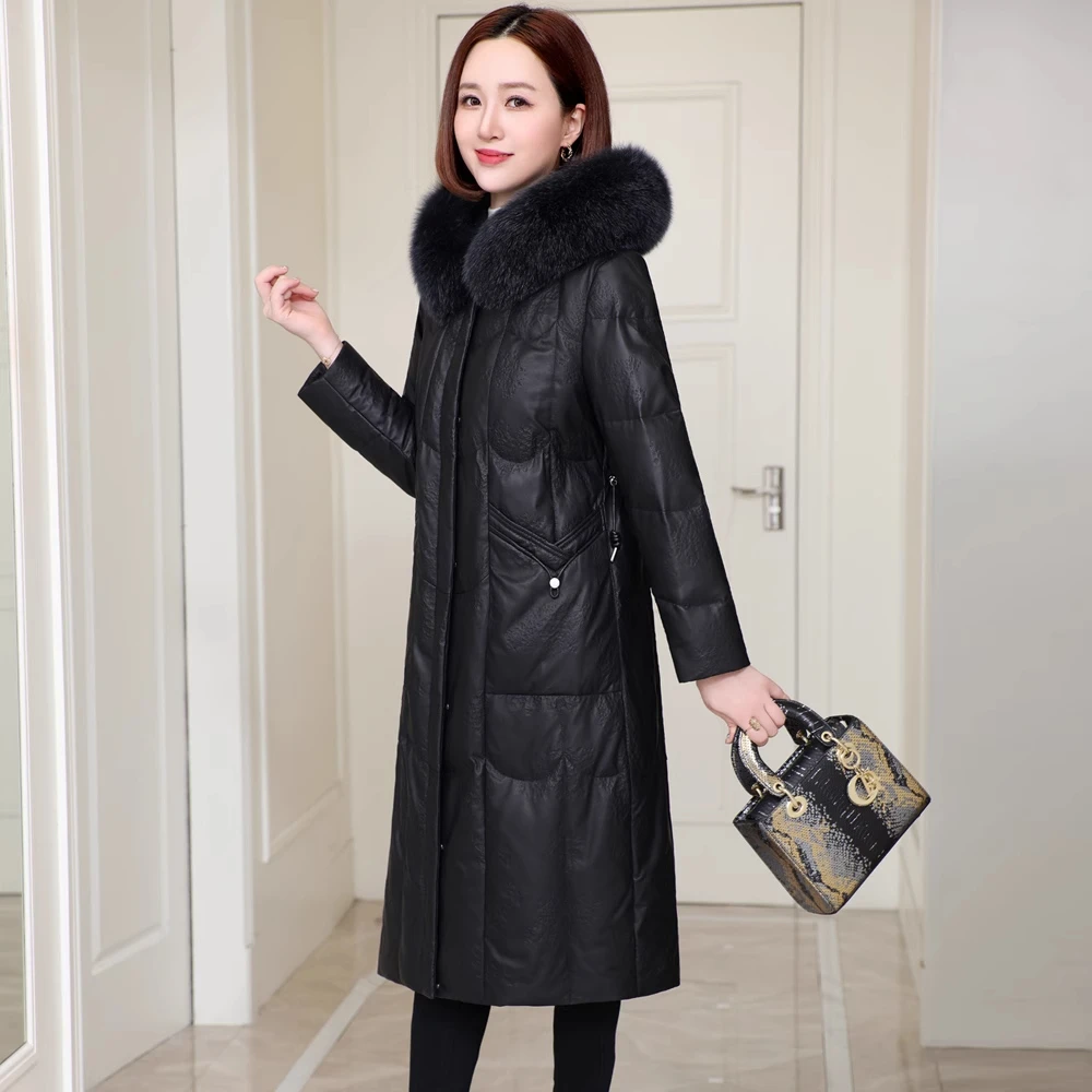 真皮羽绒服女绵羊皮2024冬季新款长款过膝高端保暖海宁皮衣妈妈装