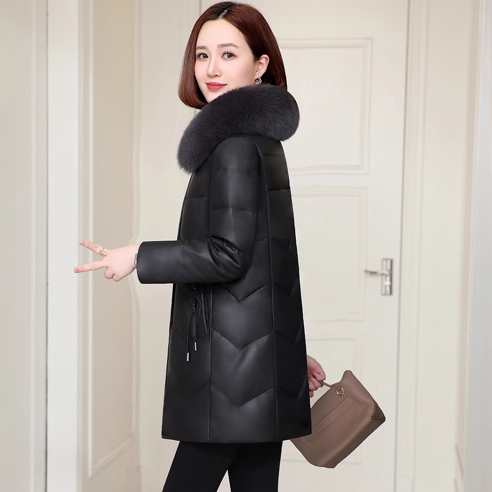 中老年真皮羽绒服女小个子2024冬季新款绵羊皮高端海宁皮衣中长款