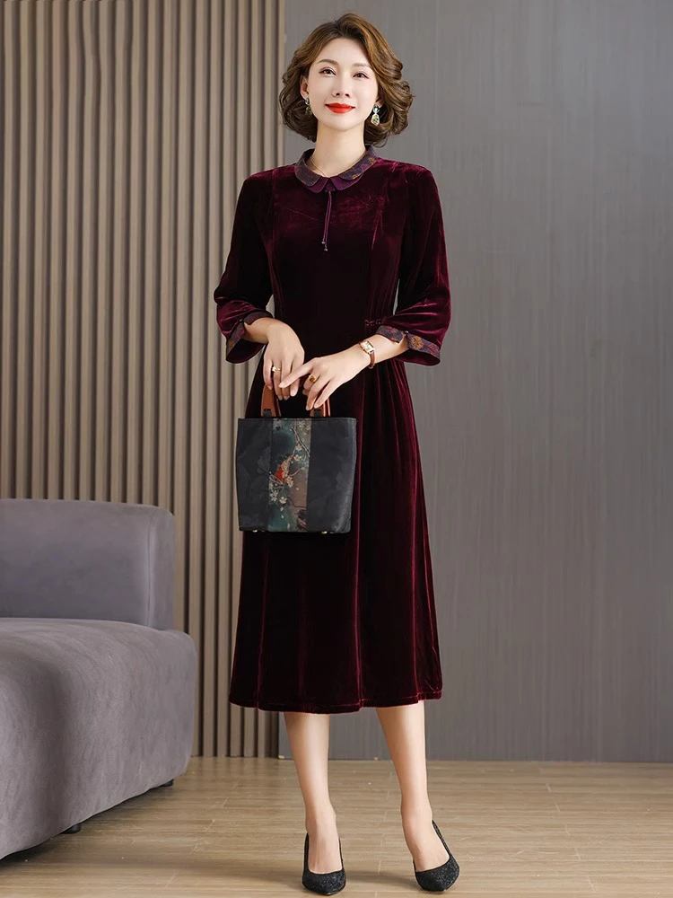垂坠感加厚真丝连衣裙长袖秋冬新款全丝绒婚宴礼服2023秋冬妈妈装