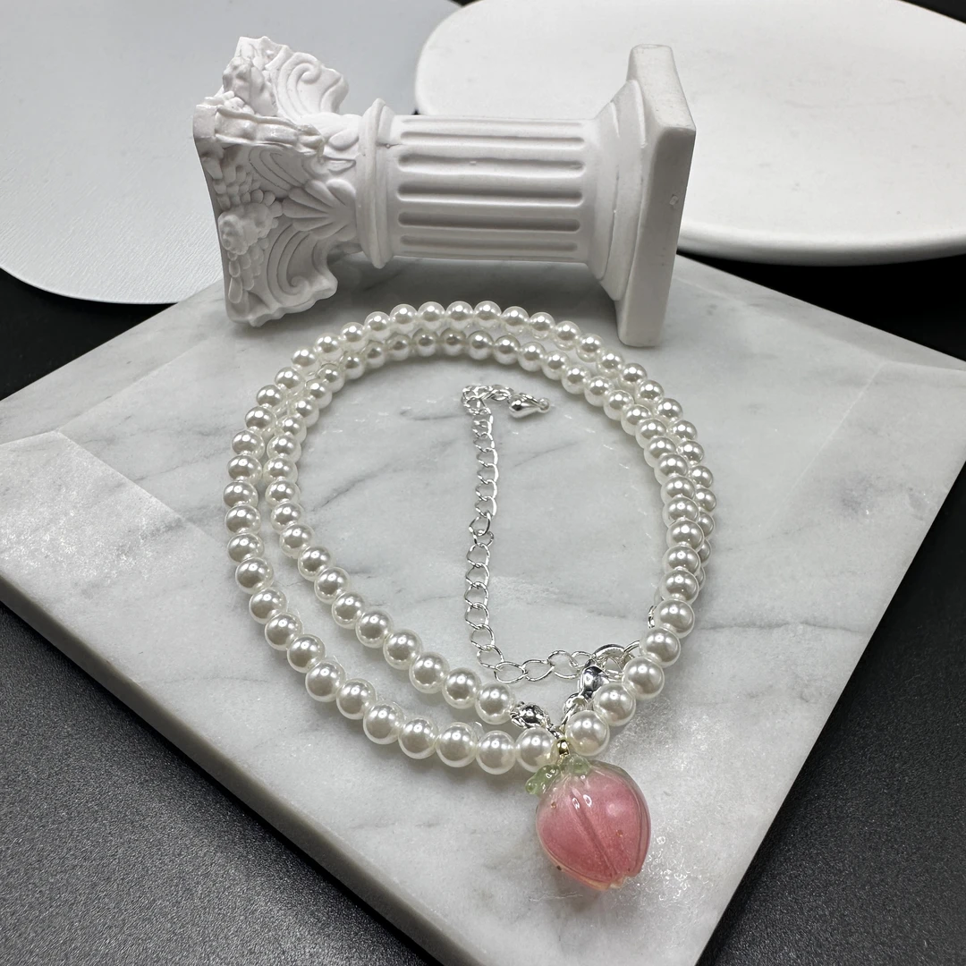 非金属仿珍珠项链 0716 Acc  粉色树脂草莓吊坠贝珠锁骨链