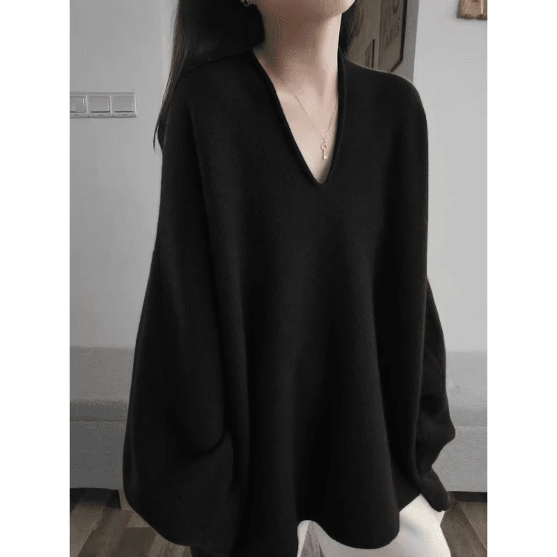 显白韩版高级感宽松慵懒风V领针织衫女秋冬季设计感套头长袖毛衣