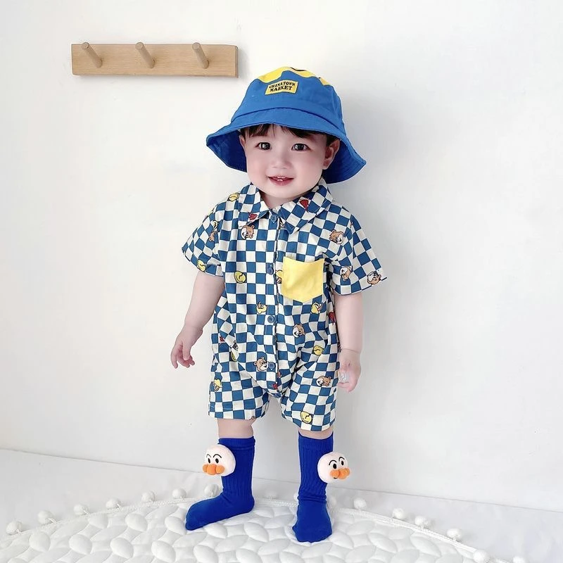 ins韩国婴儿短袖哈衣夏装男宝宝格子衬衫爬服新生连体衣包屁衣服