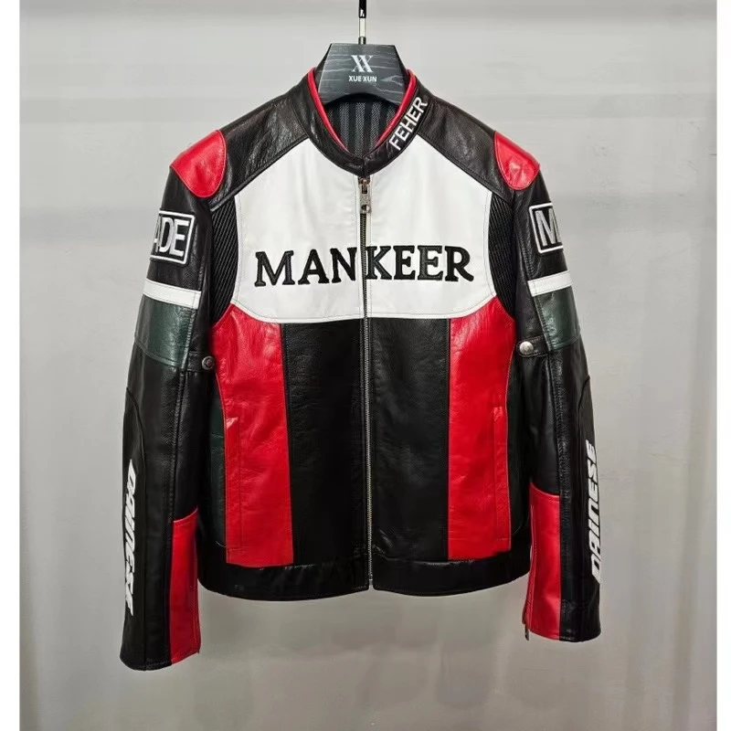 【LX高定】男士真皮牛皮赛车服潮流真皮刺绣拼色重工皮衣