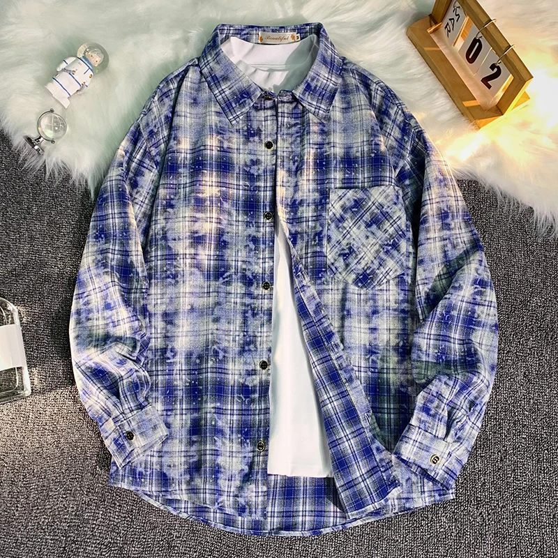 扎染格子长袖衬衫男士潮牌宽松百搭休闲衬衣秋冬ins港风痞帅外套