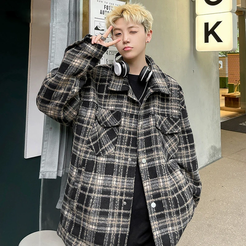 2024新款美式复古格纹长袖衬衫秋冬翻领夹克潮牌宽松情侣休闲外套