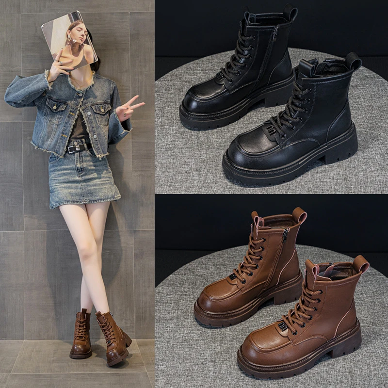 真皮显瘦马丁靴大头马丁靴女春秋单靴英伦风厚底时尚百搭短靴显瘦