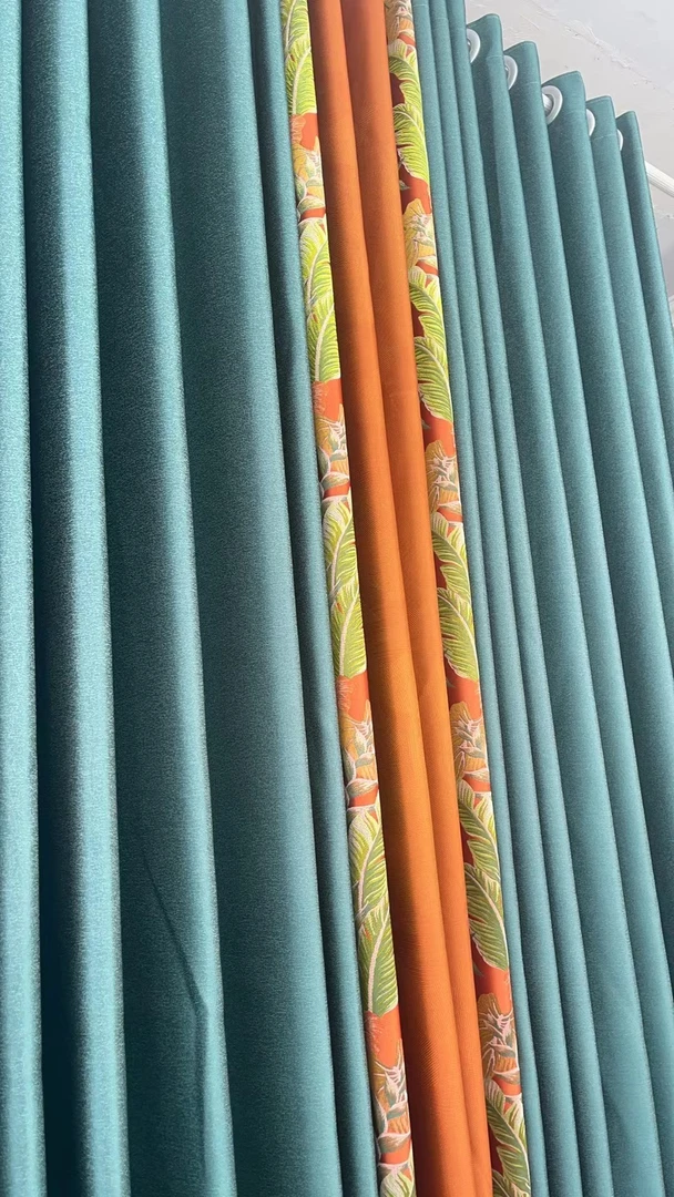 成品窗帘高精密色织无缝拼接绿橙（中间对开）