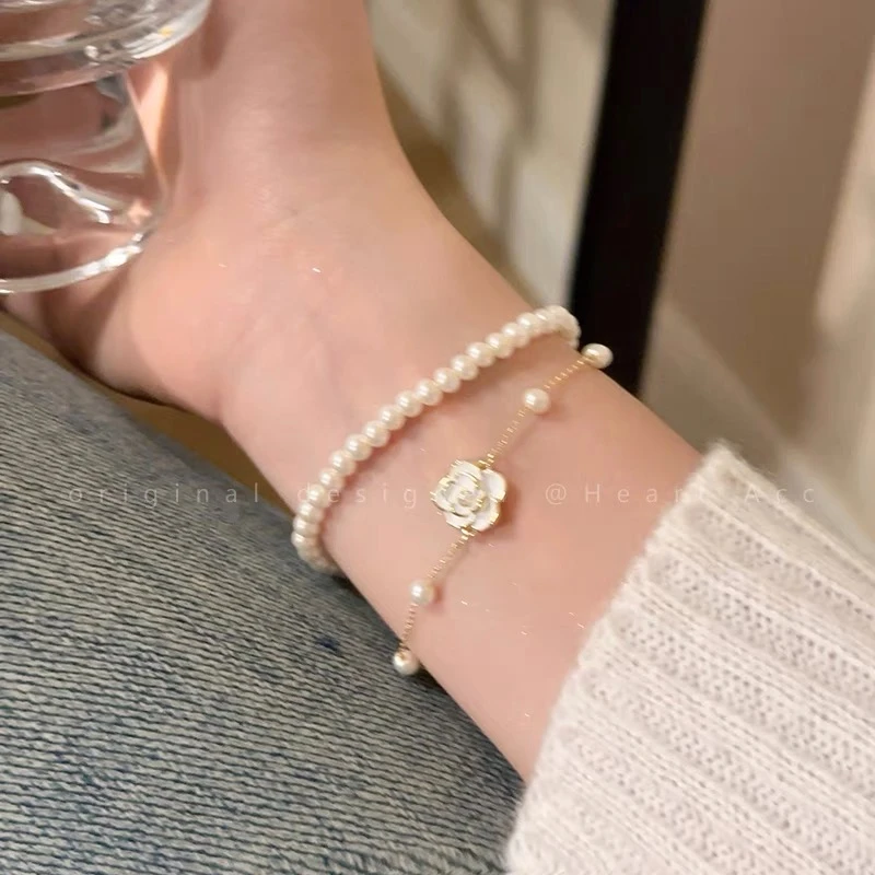 合金仿珍珠手链 山茶花双层手链02-1