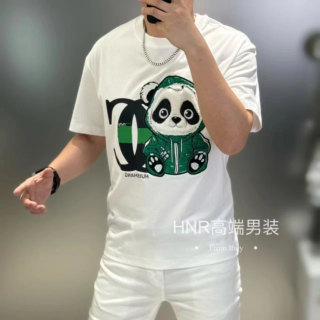 国宝熊猫重工刺绣图案新款高端男士时尚休闲百搭潮流圆领微阔T恤