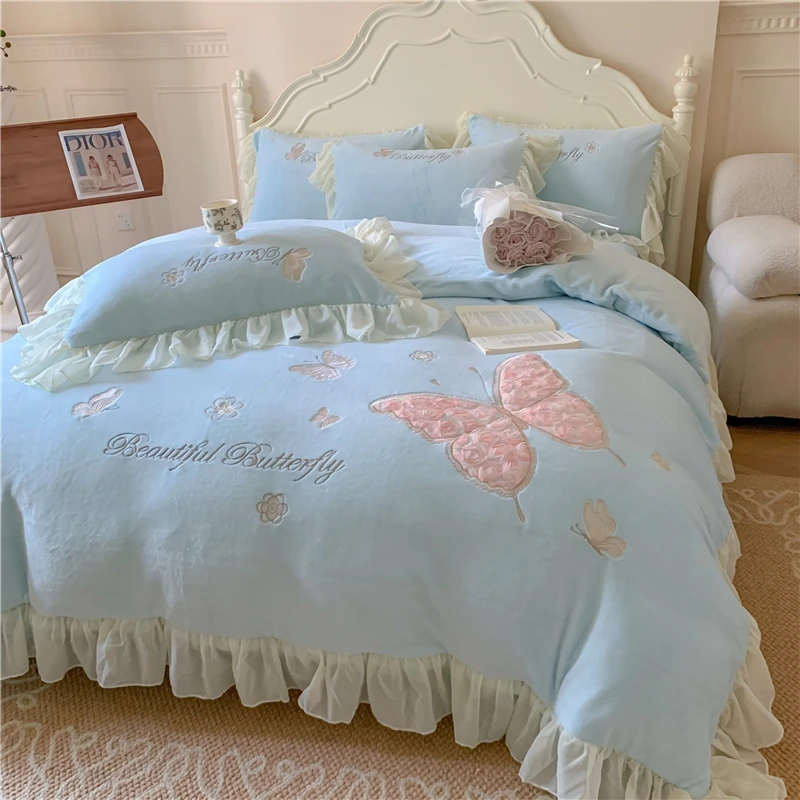 新款加厚牛奶绒立体刺绣绣花荷叶边韩版公主风四件套-翩翩起舞fs