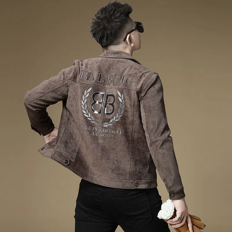 欧洲站高端字母刺绣翻领修身夹克上衣男秋季新款舒适透气百搭外套