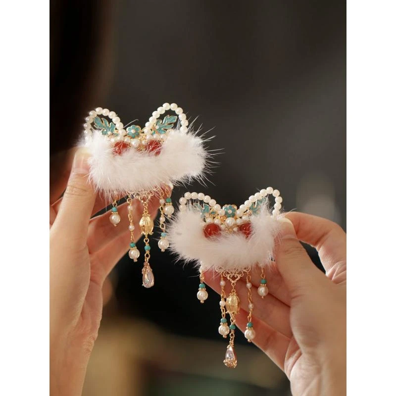 醒狮流苏新年发夹边夹 汉服女款头饰配饰古风醒狮精致小边夹对夹.