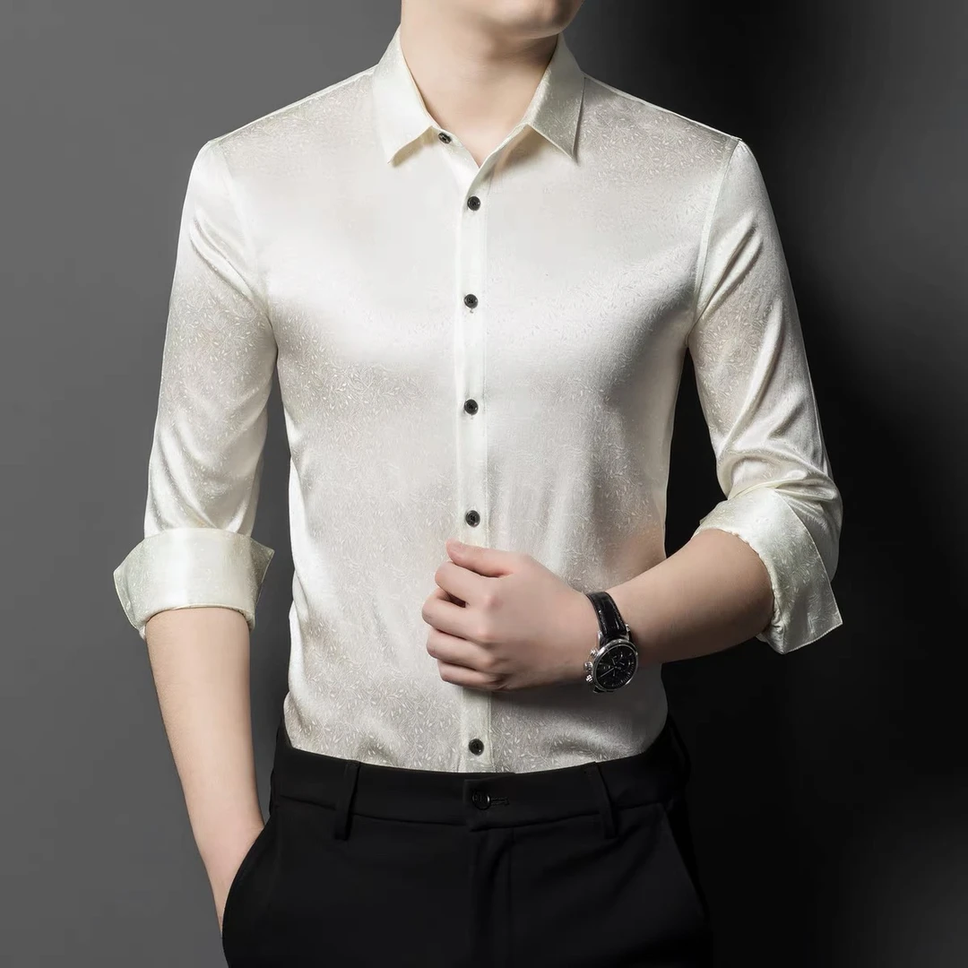 桑蚕丝-殿堂级重磅男士高端轻奢透气纯色长袖衬衫缎面3Ｄ长袖丝绸