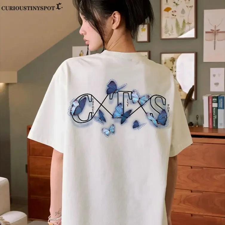 夏季纯棉蓝色蝴蝶印花短袖T恤男重磅美式高街复古情侣休闲五分袖