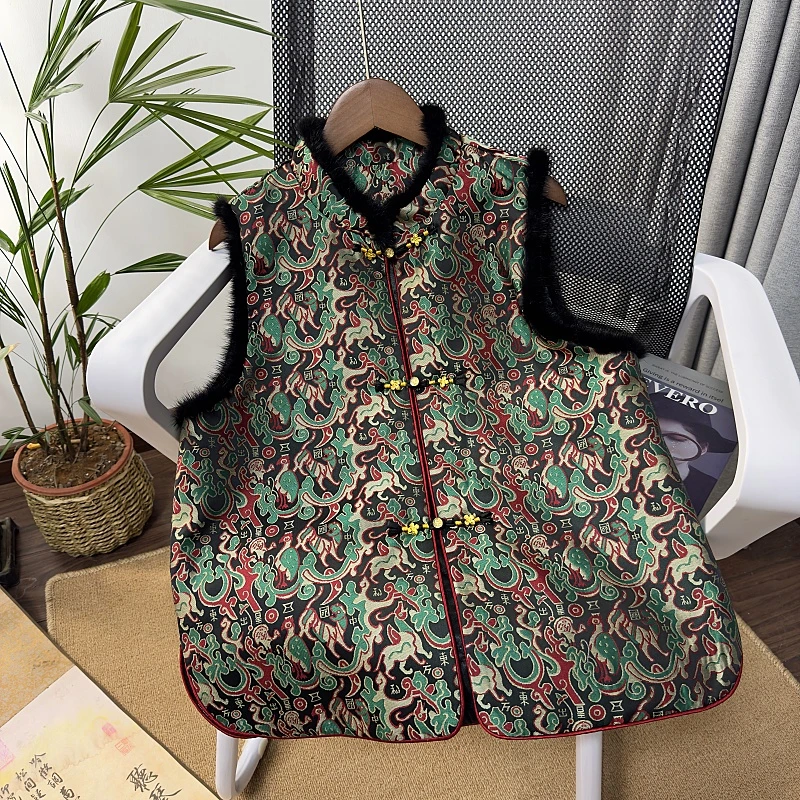 五星出东方利中国轻薄棉马夹新中式拼接水貂毛气质百搭坎肩背心