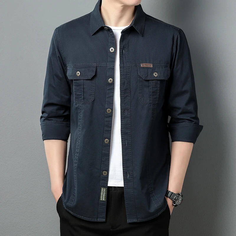 工装衬衫男士高级春秋薄款长袖衬衣男士纯棉休闲翻领外套新款
