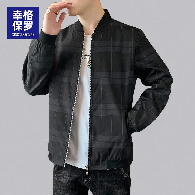 幸格保罗男士2025春秋季新款格子棒球服潮流百搭夹克休闲外套男