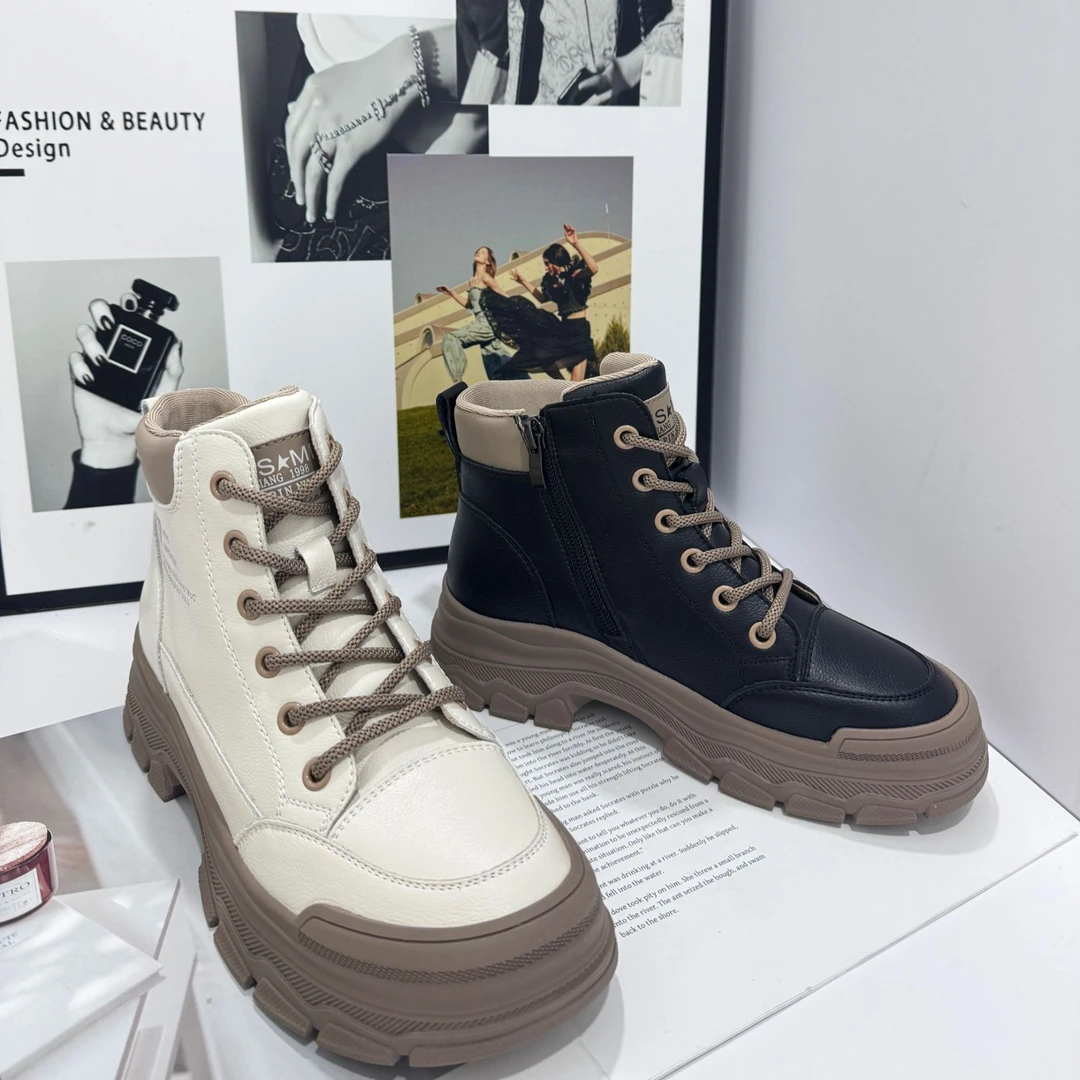 新款圆头平底舒适不累脚百搭款系带休闲鞋马丁靴23286