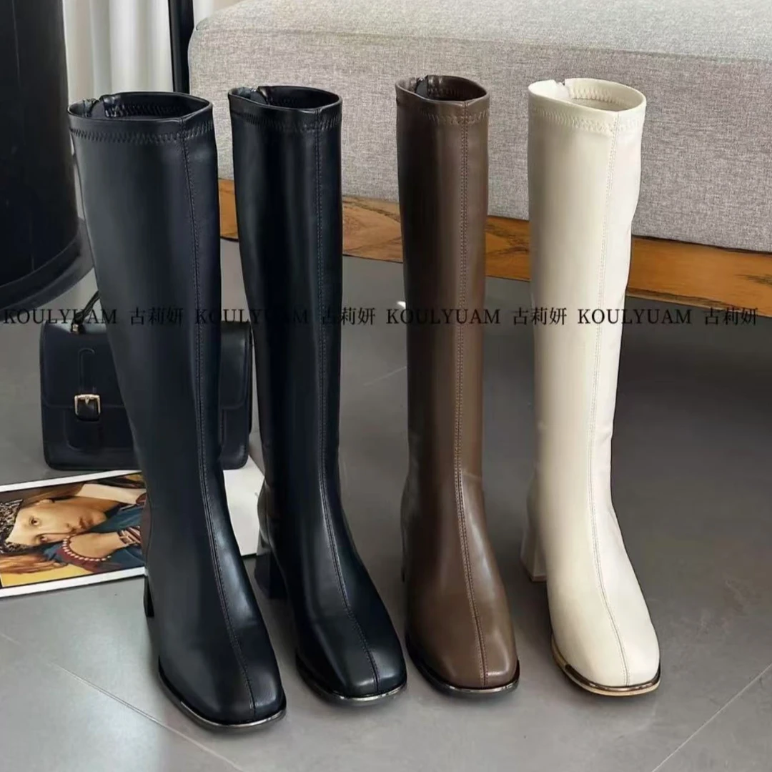 新款尖头粗跟舒适厚底不累脚百搭款长款女靴802-1