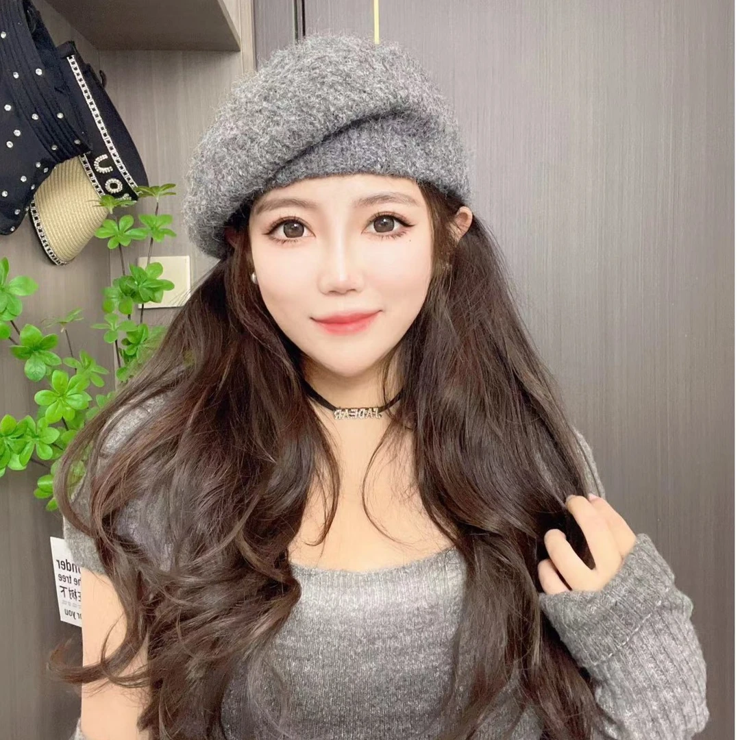 AYLA.秋冬新款韩版英伦百搭复古画家帽马海针织毛毛显脸小贝雷帽