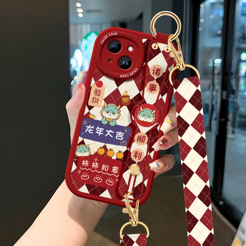 格纹适用苹果15斜挎女款手机壳iPhone13挂绳华为荣耀OPPO红米vivo