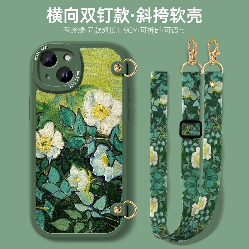 轻奢油画女款斜挎挂绳防摔手机壳适用苹果15华为荣耀OPPO小米Vivo