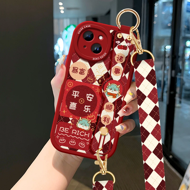 发财暴富适用苹果15华为防摔手机壳斜挎挂绳腕带小米OPPO荣耀Vivo