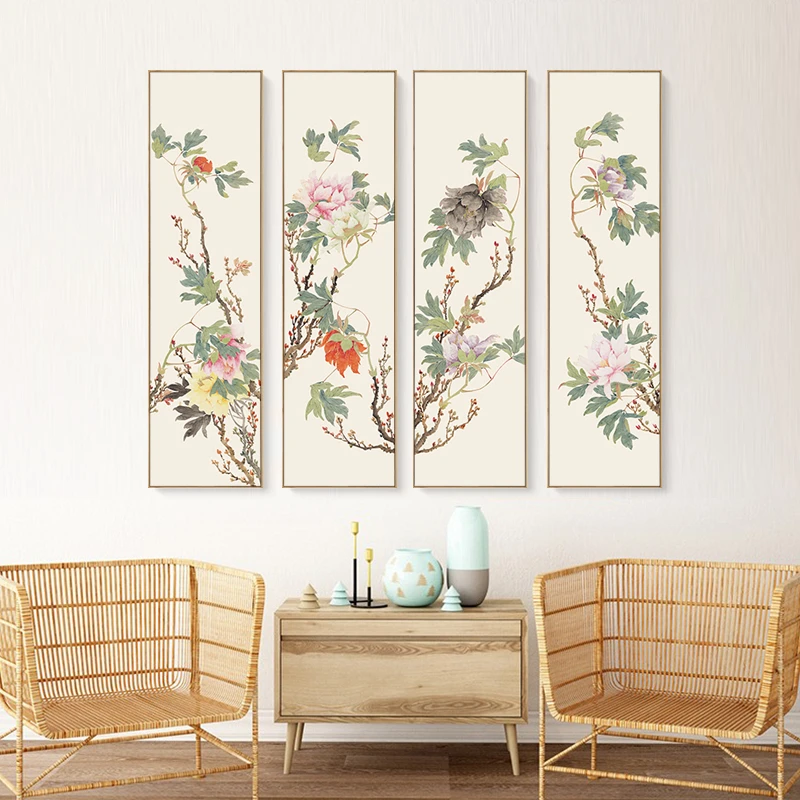 新中式牡丹四联装饰画客厅沙发背景画茶室国色天香牡丹国花挂画