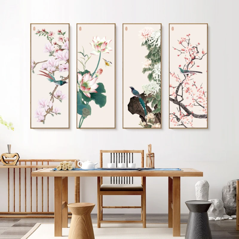 春夏秋冬四联屏客厅沙发背景墙装饰画玄关过道挂画竖版四联壁挂画