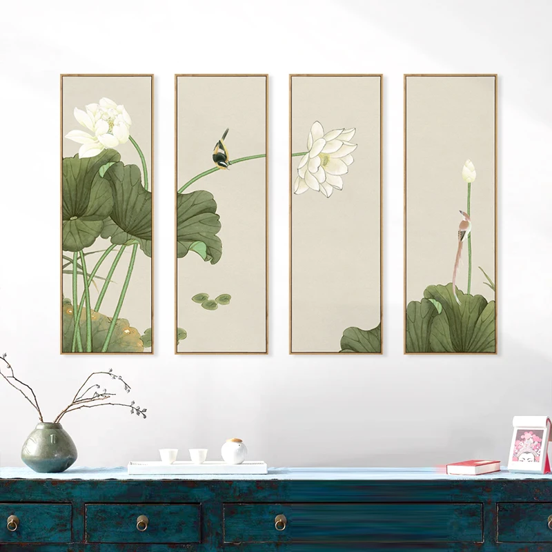 新中式禅意装饰画工笔花鸟荷花背景墙画茶室四联幅挂画竖款莲花画