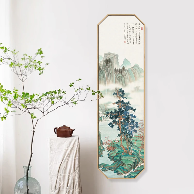 新中式玄关装饰画观瀑布入户墙风水挂画过道走廊竖版山水画