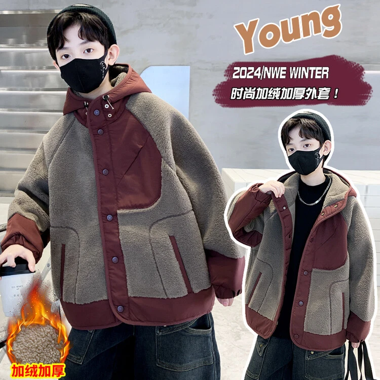 普通外套休闲冬季拼色男童中大童儿童洋气时尚男孩毛呢加绒加厚