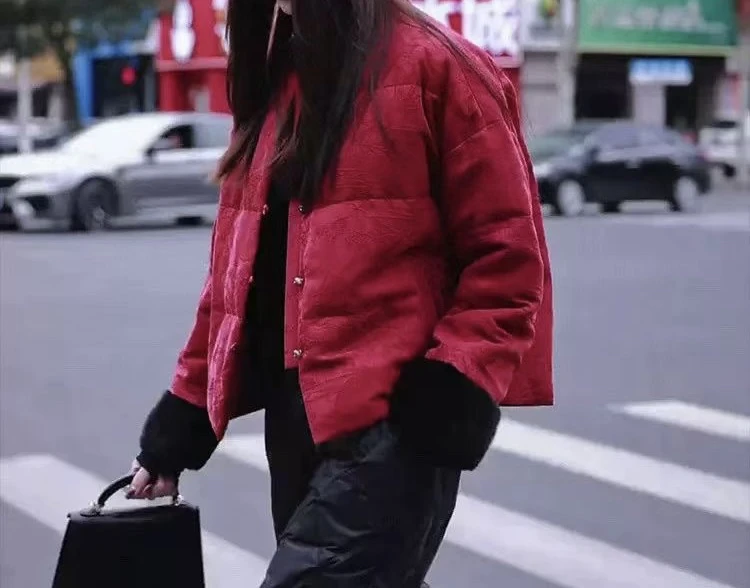 新中式人丝提花红色棉服外套袖口可拆卸毛新款圣诞新年加厚外套