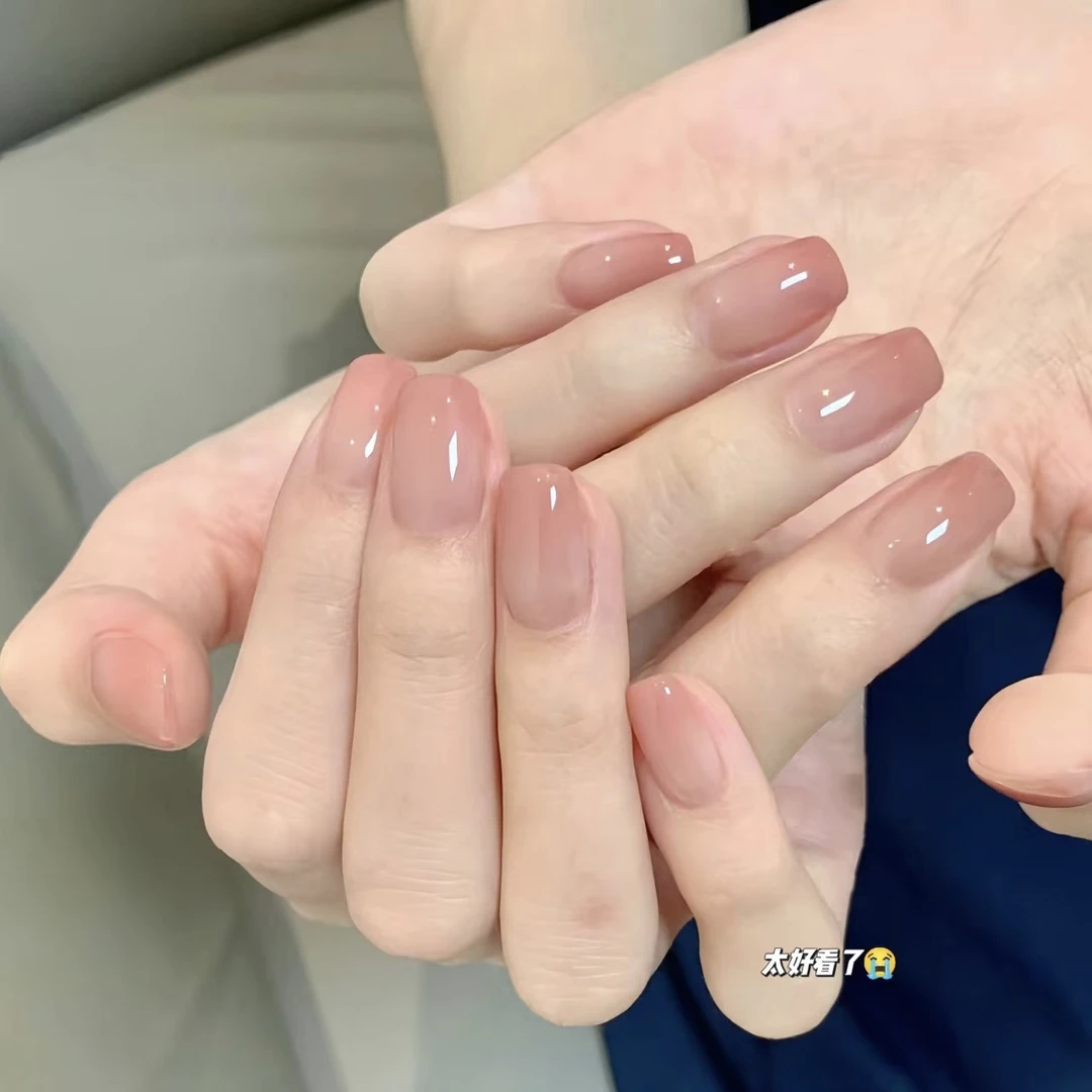 【嫩水蜜桃】短圆纯欲华妃摸脸渐变美甲贴片手穿戴甲简约指甲贴