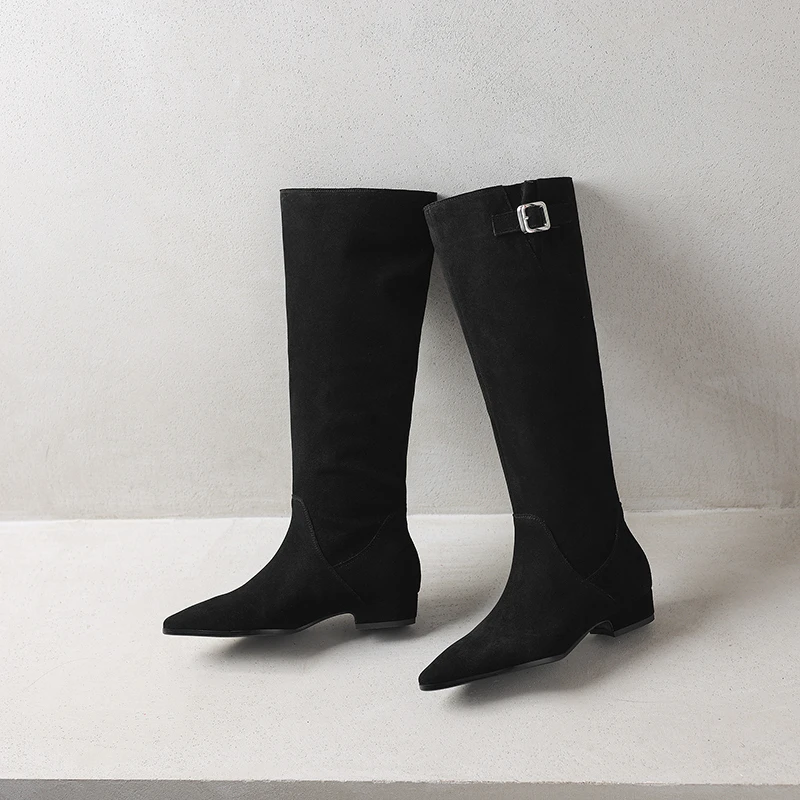 【YIN】磨砂.3真皮粗跟小方头皮带扣堆堆靴女秋冬新款骑士靴低跟