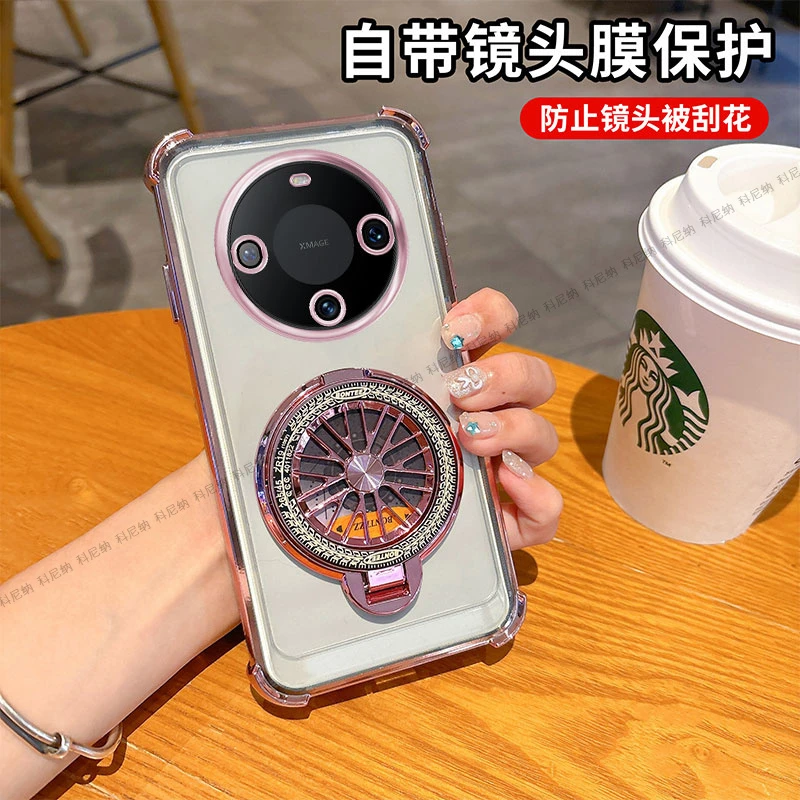 适用华为mate60pro陀螺支架手机壳pura70Ultra四角防摔透明保护套