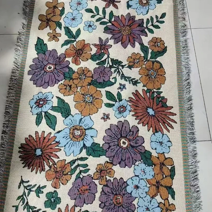 流苏沙发巾90*240盖毯田园风坐垫巾多功能盖巾百花齐放1条装