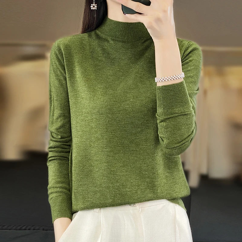 春秋精纺半高领修身打底衫女女士秋冬内搭毛衣长袖宽松洋气上衣