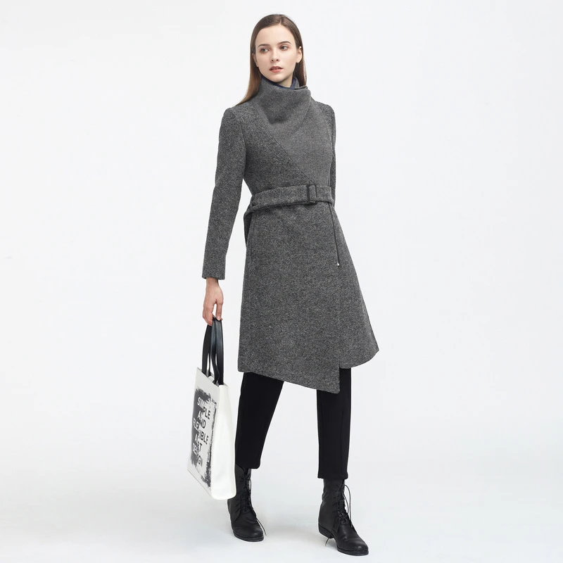【粉丝专享】圣迪奥立领斜襟拼接收腰气质毛呢大衣S20481873