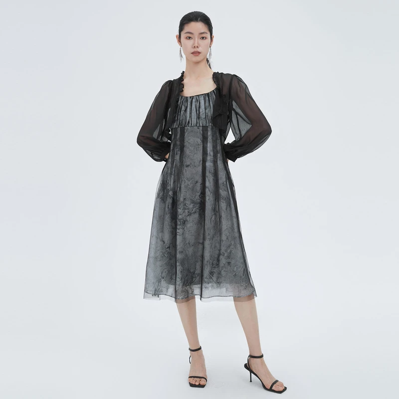 【小云总专享】sdeer褶皱印花两件不规则连衣裙S222Z1255