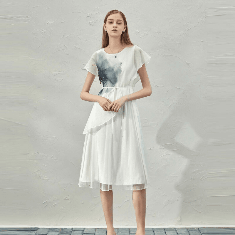 【亚美专属】圣迪奥圆领水墨晕染收腰网纱连衣裙S232Z12ED