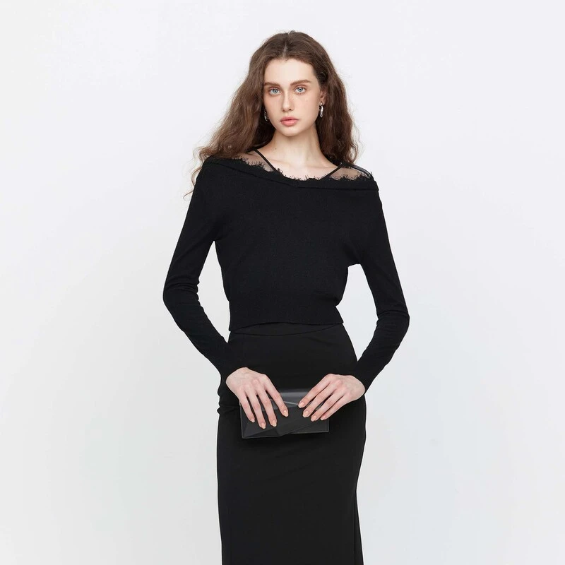 【小铃铛专属】圣迪奥V领蕾丝花边拼接针织衫S22183514