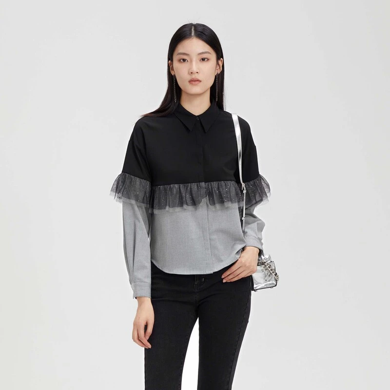 【粉丝专享】sdeer网纱拼接休闲百搭长袖衬衫S231Z0530