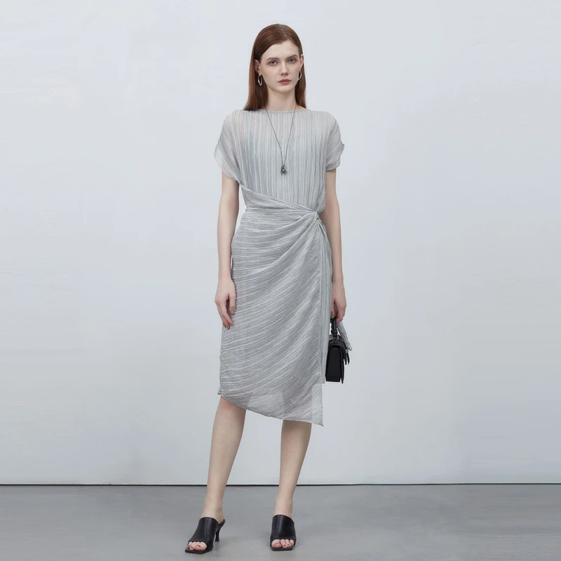 【粉丝专享】圣迪奥优雅时尚气质设计师感修身褶皱连衣裙S223Z12G7