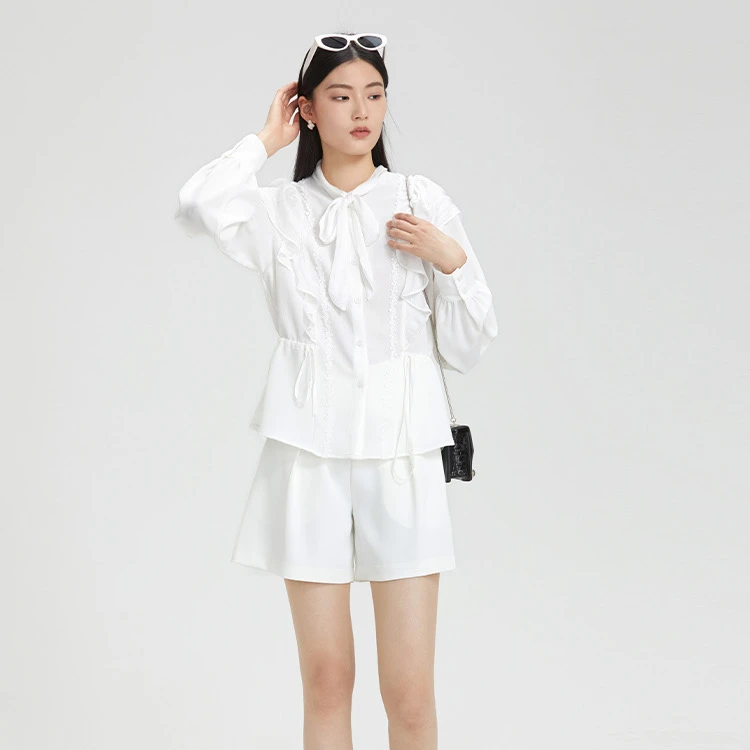 【李易行】S.DEER系带荷叶边收腰花边衬衫S231Z0511