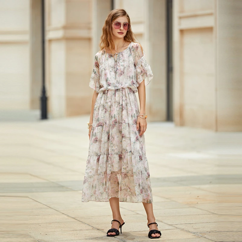 【丽公主】圣迪奥女装清新系带圆领露肩印花收腰连衣裙S232Z12AR