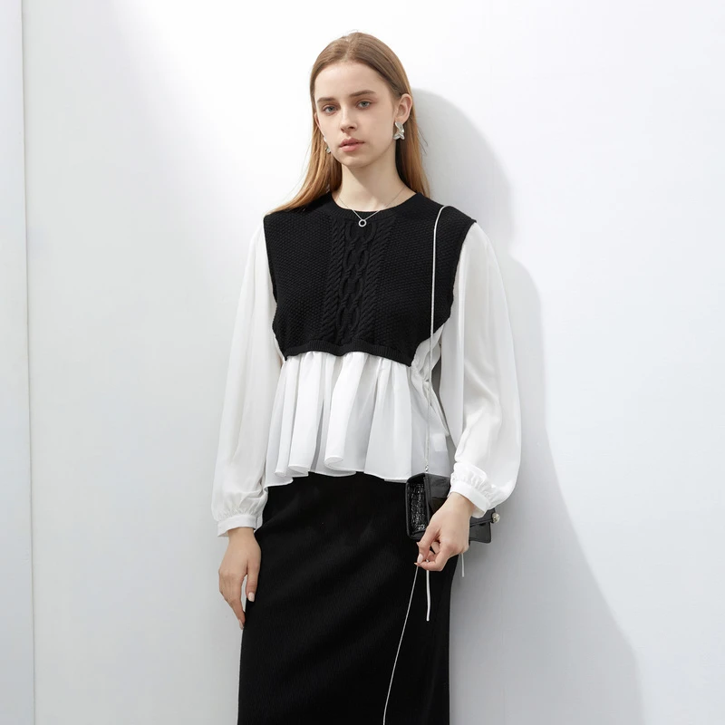 【粉丝专享】圣迪奥sdeer设计感荷叶边圆领针织衫S231Z3509