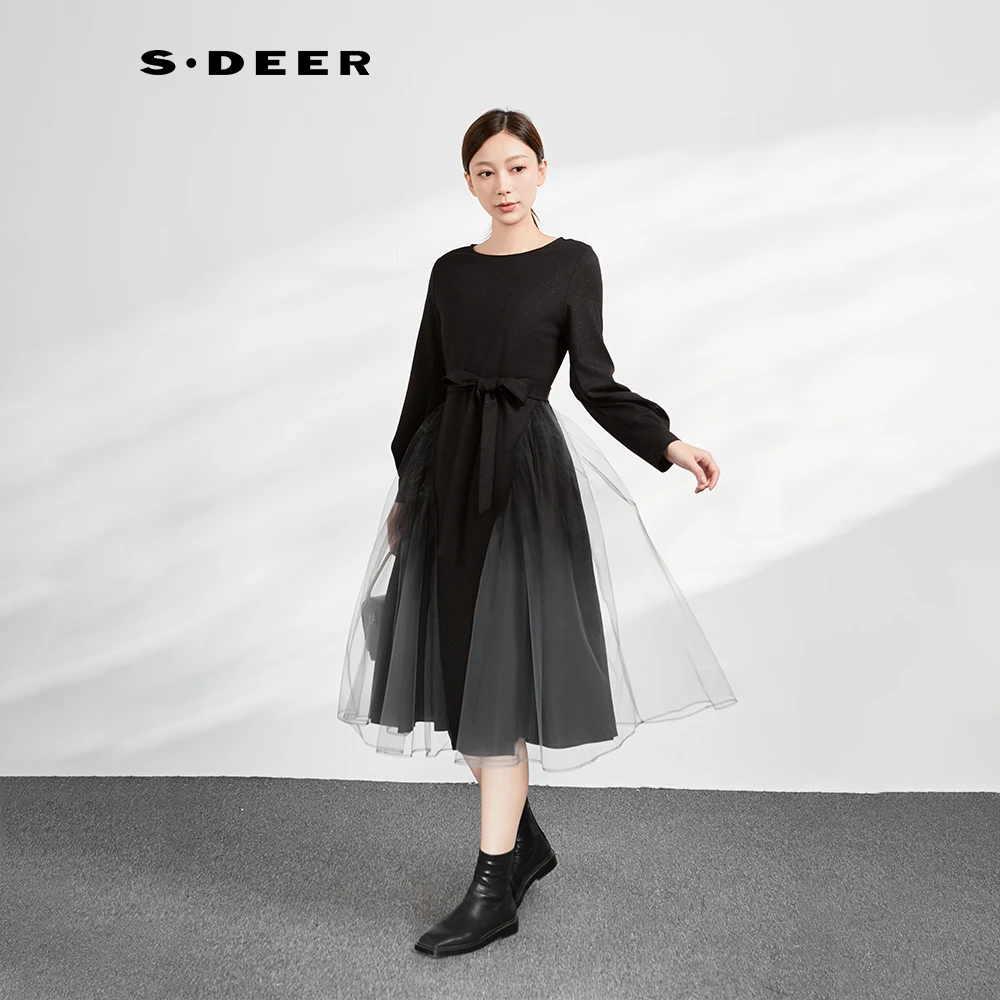 S·DEER圣迪奥女装时尚设计师气质圆领收腰晕染网纱泡泡袖连衣裙