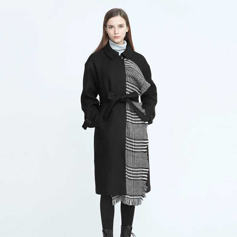 【大默专属】圣迪奥翻领格纹流苏拼接收腰毛呢大衣S20481821